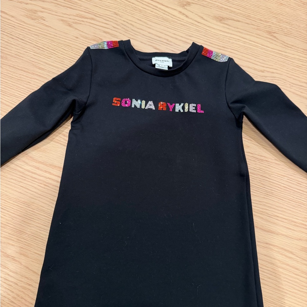 Sonia Rykiel Girls Black Logo Dress Rhinestone Long Sleeve Size 8